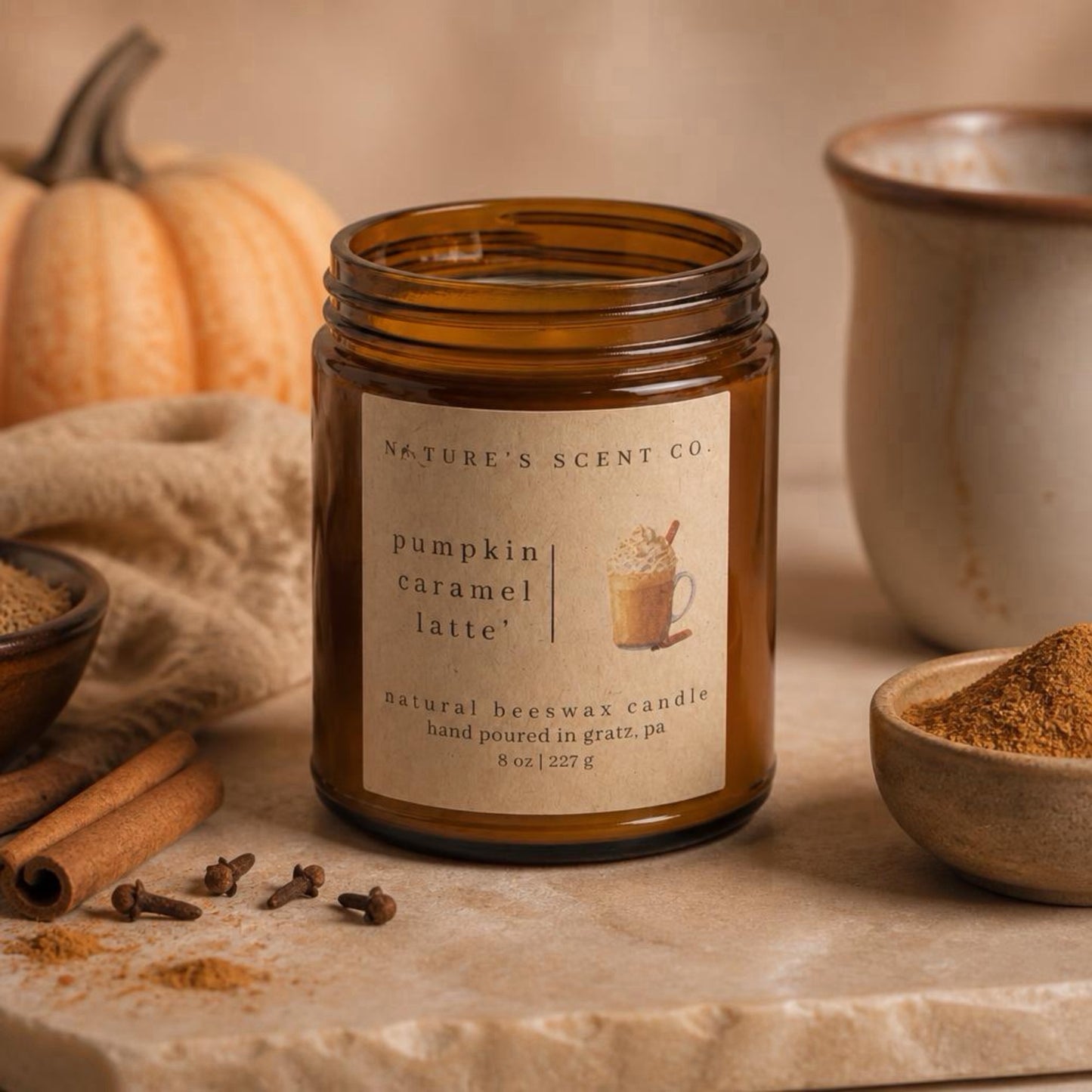 Pumpkin Caramel Latte Beeswax Candle – Caramel, Maple, Butter & Pumpkin