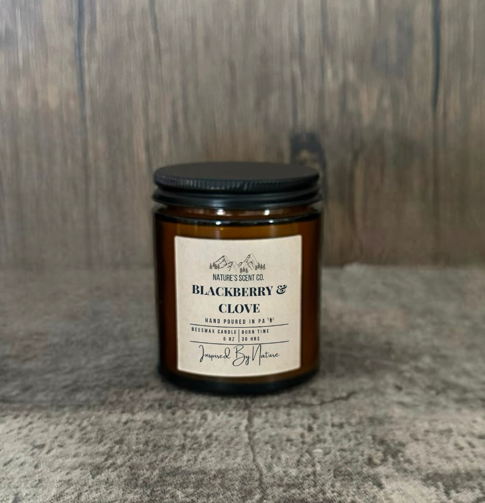 Hand poured beeswax candle with a bold blend of juicy blackberries and warm, aromatic clove spice