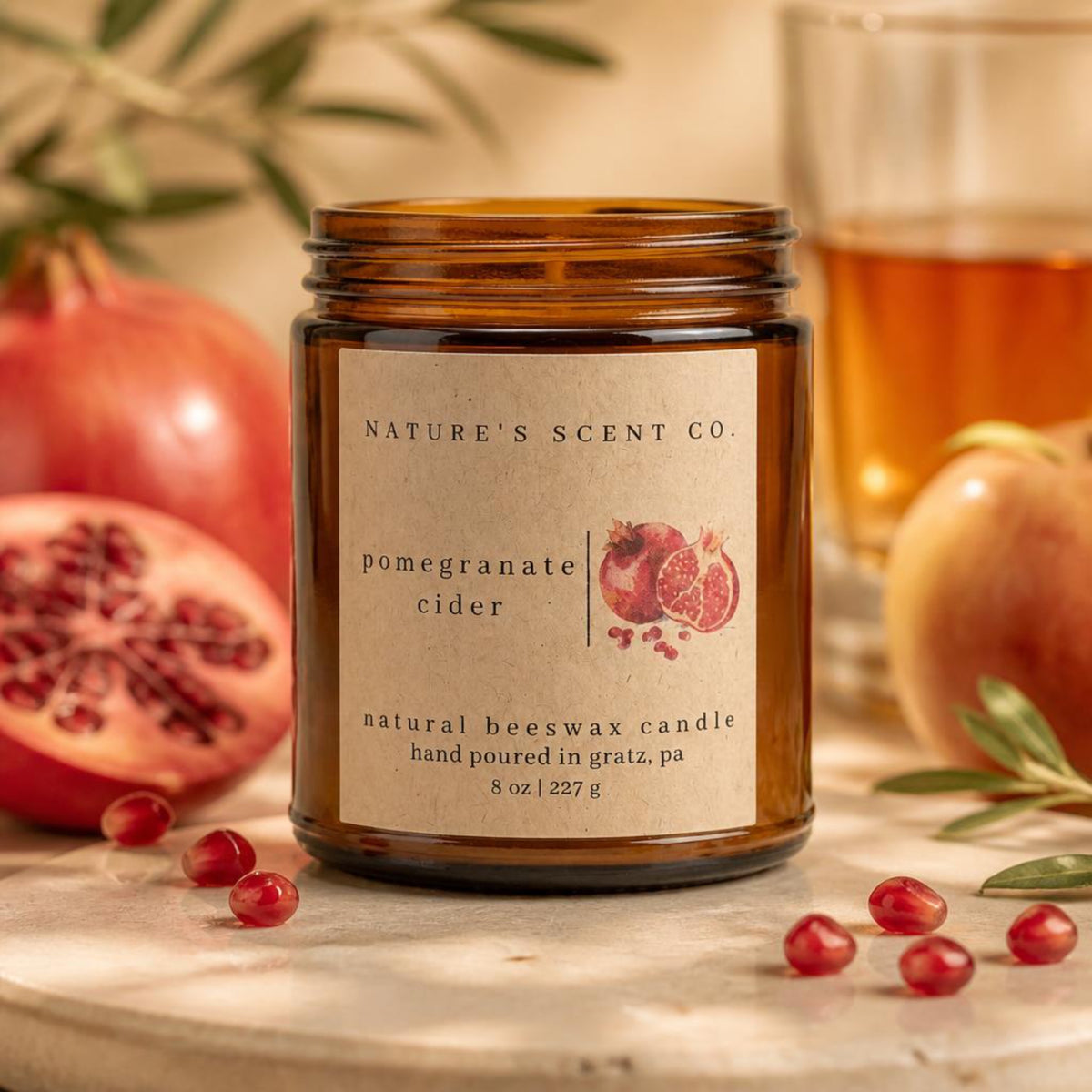 Pomegranate Cider Beeswax Candle — Pomegranate, Cranberry, Apple Cider & Spice