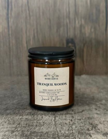Inspired by nature beeswax candle in Tranquil Woods scent and wood wick.