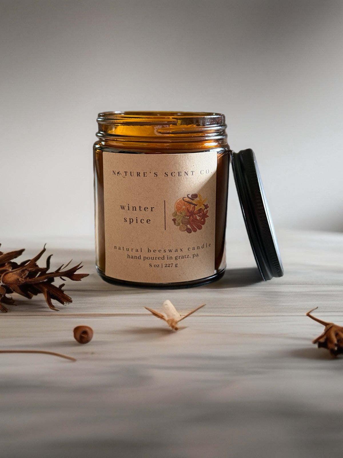 Winter Spice Beeswax Candle — Ginger, Cinnamon, Cardamom, Clove & Praline