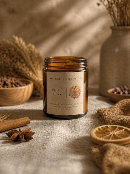 Winter Spice Beeswax Candle — Ginger, Cinnamon, Cardamom, Clove & Praline